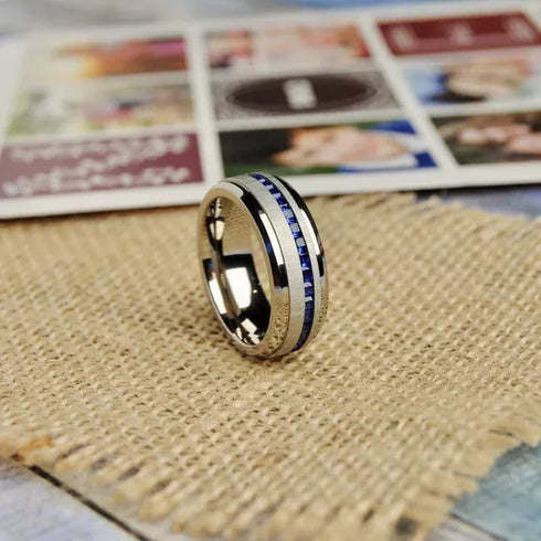 Men's 8mm Brushed Titanium Steel Blue Sapphire CZ Comfort-Fit Wedding Band